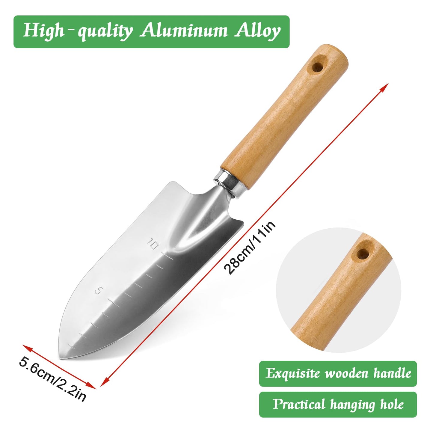 Small Garden Shovel with Wood Handle, Hand Tool Aluminum Alloy Garden Shovel with Measuring Depth Mark for Transplanting Weeding and Digging and Planting