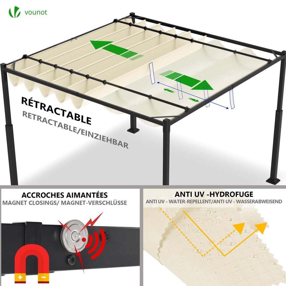 VOUNOT® 3x3m Metal Pergola with Retractable Roof, Gazebo with Sun Shade Canopy for Garden Patio Outdoor, Beige