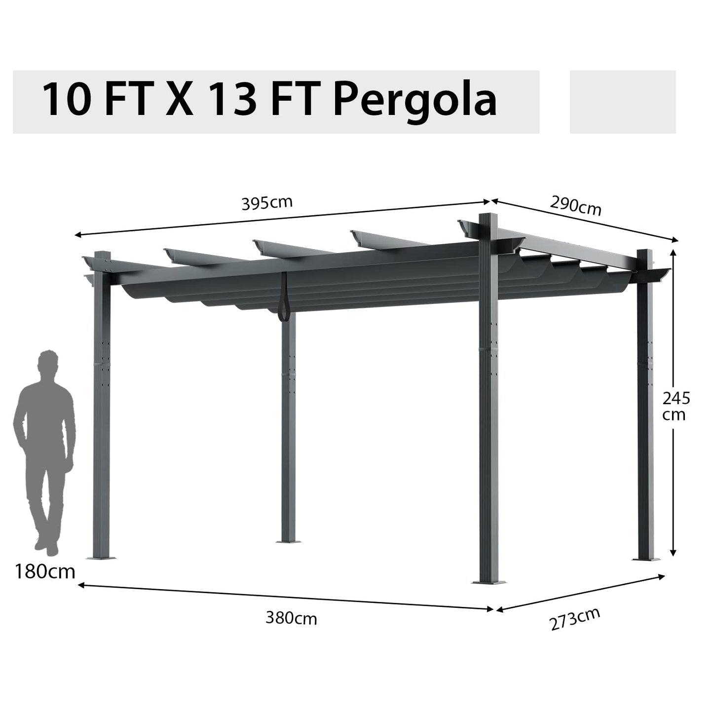 TANGZON 3M x 4M Metal Pergola with Retractable Canopy, Outdoor Large Garden Shade Gazebo, Weatherproof Aluminium Sun Shelter for Lawn Porch Party BBQ (Grey)
