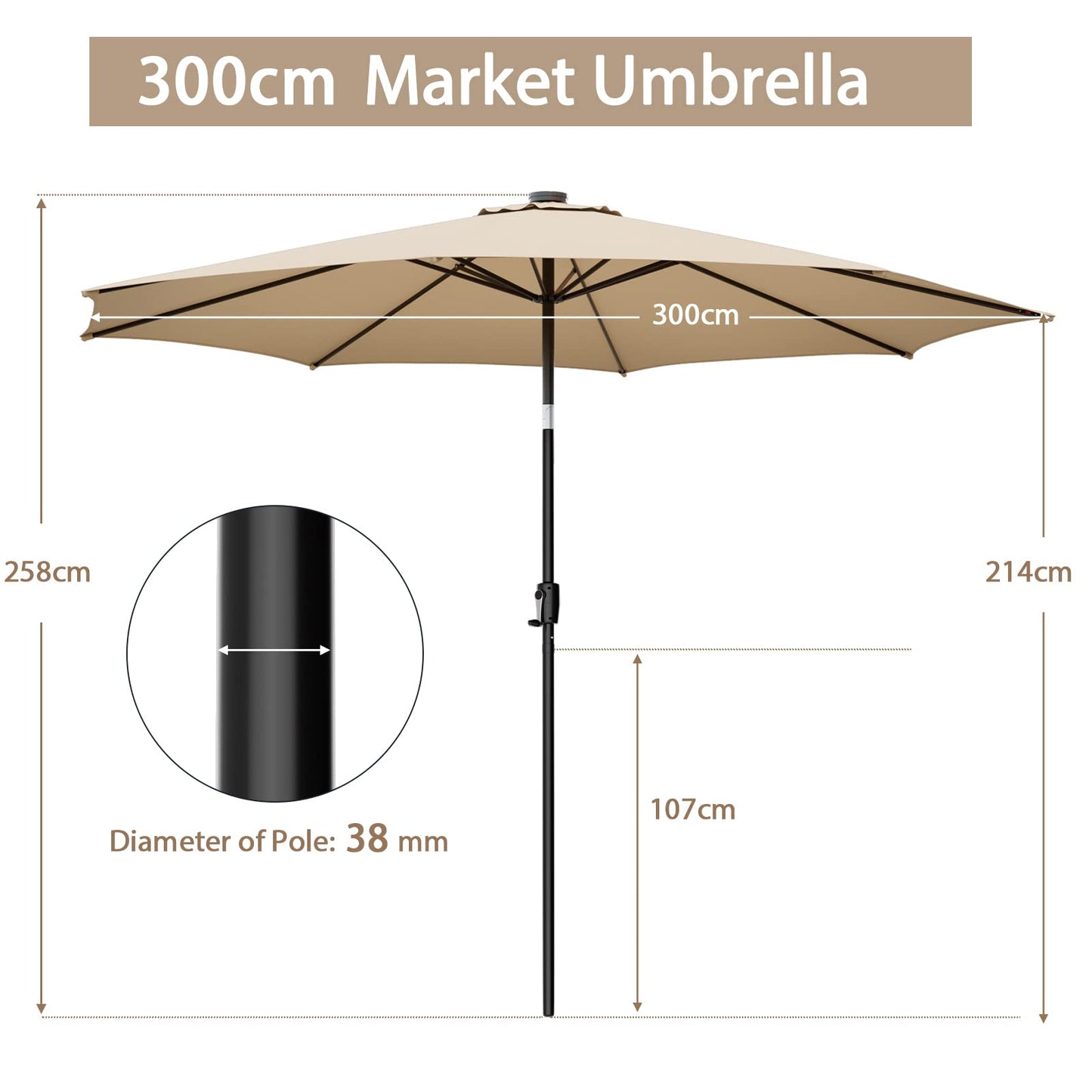 COSTWAY 3m Garden Parasol, 112 Solar Powered LED Lights Patio Umbrella with Tilt, Crank Handle & Vented Top, 8 Ribs UV Protective Outdoor Table Sun Shade for Market Yard Pool (Beige)