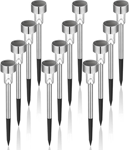 GIGALUMI Solar Lights Outdoor Garden Waterproof,12 Pack,Stainless Steel LED Solar Garden Lights for Patio, Lawn, Yard and Landscape Decor, Cold White