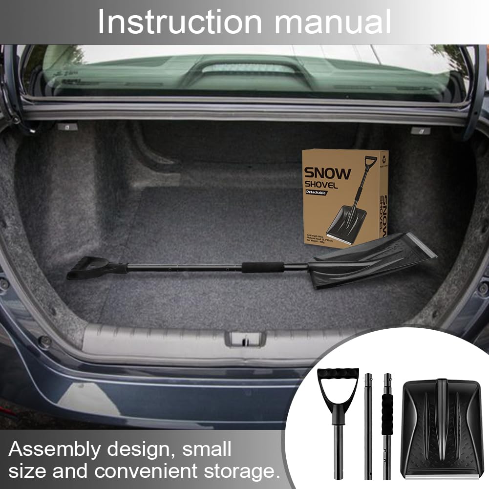Snow Shovel, New Winter Snow Removal Tool, Detachable Three-Part Adjustable Long Handle, Large Capacity Black Lightweight Portable Sport Utility Shovel for Driveway Car, Aluminum Camping Snow Shovel