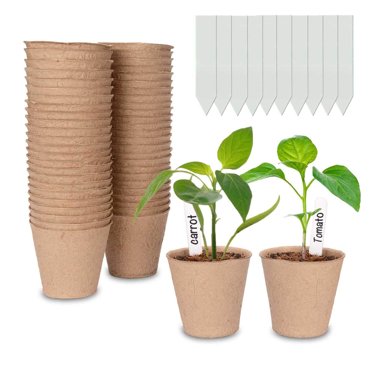 Cymax 50 Pack 8cm Round Fibre Pot Seed Seedling Pot with 50pcs Plastic Plant Lables, Biodegradable Herb Plant,Flower,Seed Starter Pots Kits, Garden