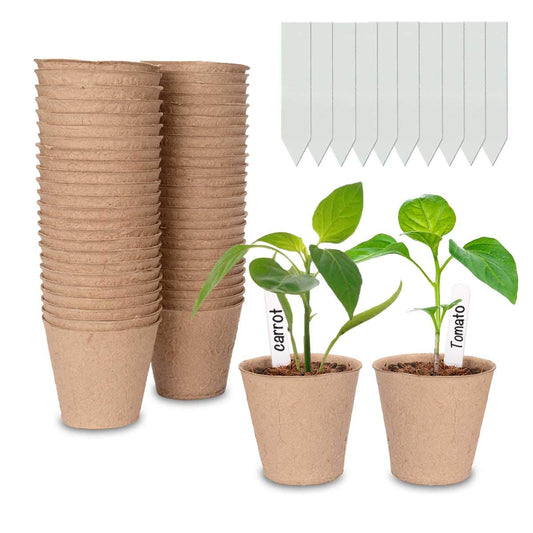 Cymax 50 Pack 8cm Round Fibre Pot Seed Seedling Pot with 50pcs Plastic Plant Lables, Biodegradable Herb Plant,Flower,Seed Starter Pots Kits, Garden