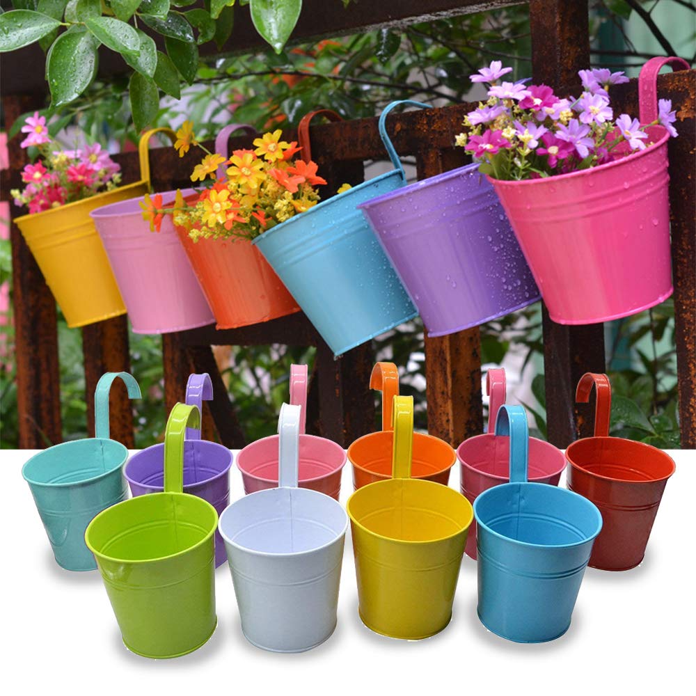 Trongle 10 PACKS Metal Iron Flower Pot With Detachable Handle, Small Garden Plant Pot Vase Hanging Garden Planter Holders Indoor and Outdoor Home Decor