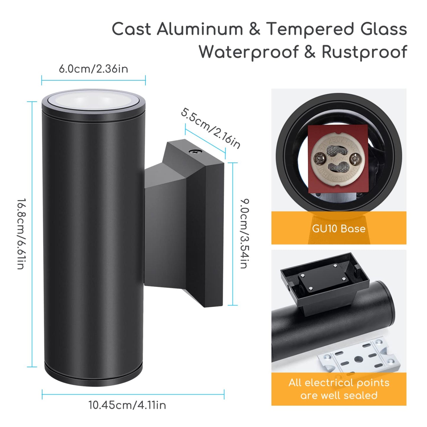 Outdoor Wall Lights Mains Powered, Aigostar Black Up Down Outdoor Lights IP65 Waterproof, Up and Down Outside Lights Max 35W GU10 Porch Light, LED Outdoor Wall Lamp Aluminium Front Door Light 2 Pack