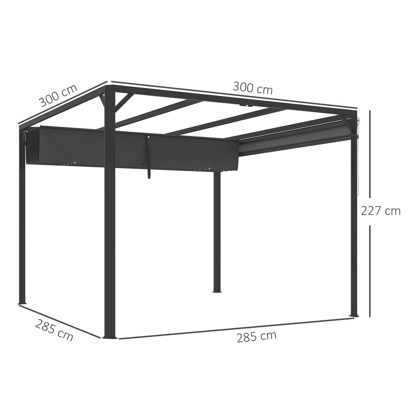 Outsunny 3 x 3(m) Garden Pergola with Retractable Roof Canopy and Roller Shade, Aluminium Pergola Kit Gazebo, UPF30- Sun Shade Shelter for Deck, Porch, Dark Grey