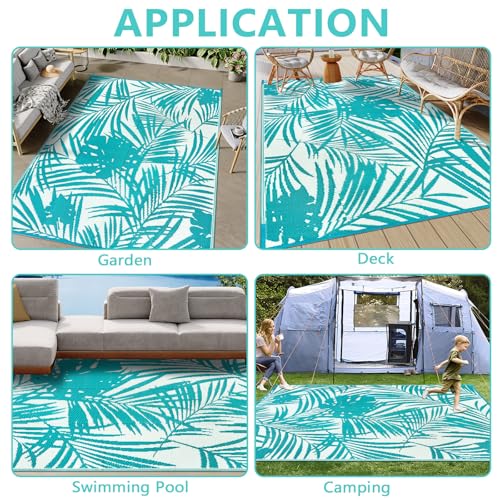 Famiaby Outdoor Rugs Waterproof Large Patio Garden Rugs Portable Camping Mat Lightweight Picnic Blanket Floor Mat for Balcony Deck Backyard Porch Beach BBQ (Teal, 180 x 270 cm)