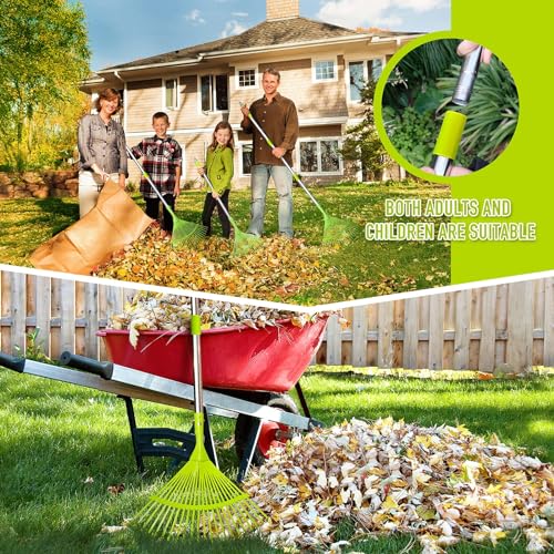 Hortem Garden Leaf Rake Set, Telescopic Rake Gardening, include 24-Teeth Aluminum Lawn Rake and Lightweight Garden Yard Leaf Scoops (Green)