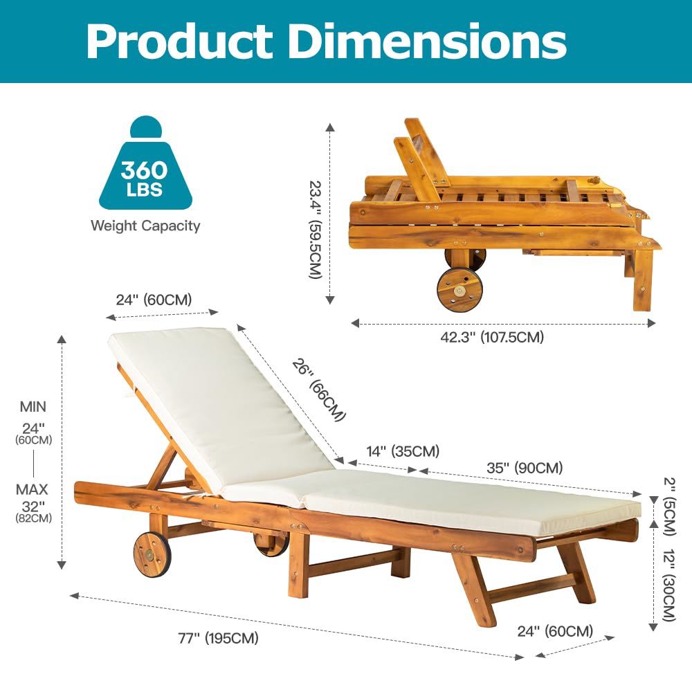 Panana Solid Acacia Wood Sun Lounger Outdoor Seating Folding Recliner Chair Portable Chaise Lounge with adjustable Backrest, Wheels, Cushion for Garden Poolside Patio