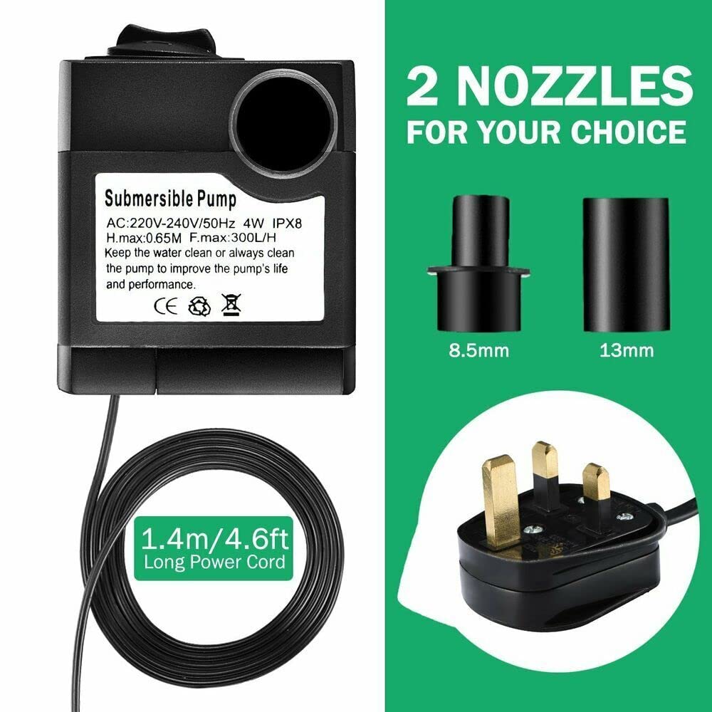 WEISIPU 300L/H Electric Water Feature Pump Small Quiet Fountain Pump for Indoor Garden Fish Pond Pet Aquarium Home Décor Fountain Submersible