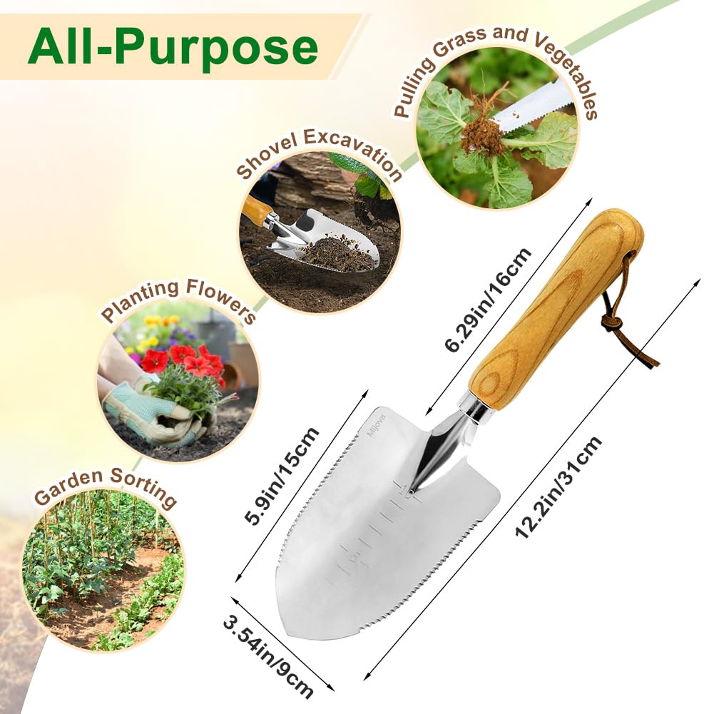Garden Trowel, Hand Trowels Shovel with Measuring Depth Mark, Ergonomic Wood Grain Handle, Stainless Steel Gardening Tool for Planting, Weeding, Transplanting and Smoothing Soil (Trowels-1)