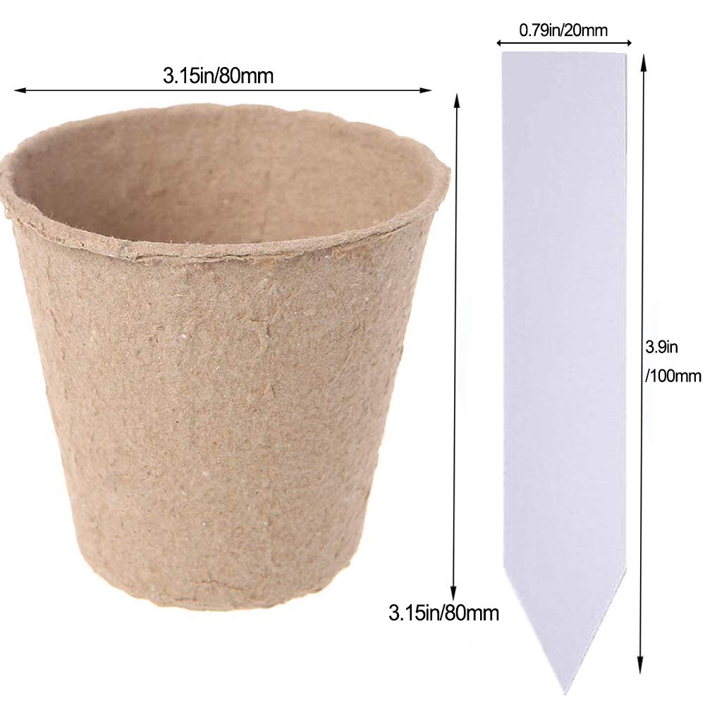 Abimars Biodegradable Fibre Seed Pots, 50 Pcs 8 cm Round Fibre Pots for Seedling with 50 Pcs Plastic Plant labels and Plant label pen