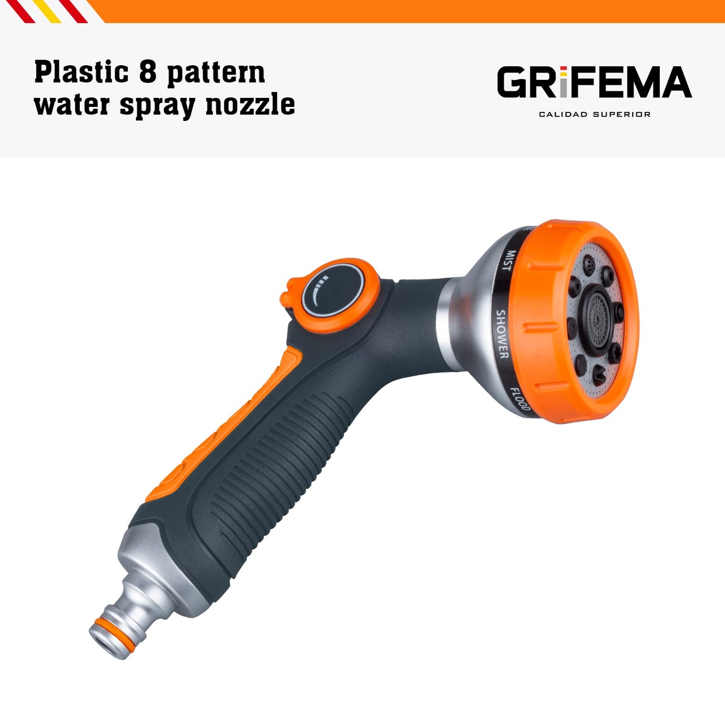 GRIFEMA GE1303 Garden Hose Pipe Spray Gun, 8 Adjustable Patterns Nozzles, High Pressure Garden Sprayer For Lawn & Garden Watering Equipment, Orange/Black
