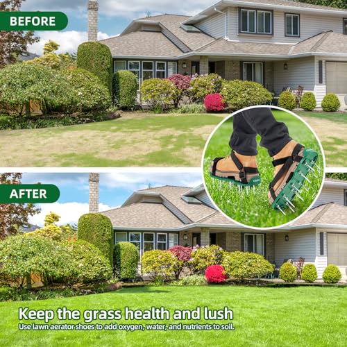 Ohuhu Lawn Aerator Shoes with Stainless Steel Shovel, Free-Installation Aerating Shoes with Hook & Loop Straps, Heavy Duty Spiked Aerating Sandals, Universal Size for Yard Patio Garden Grass Lawn