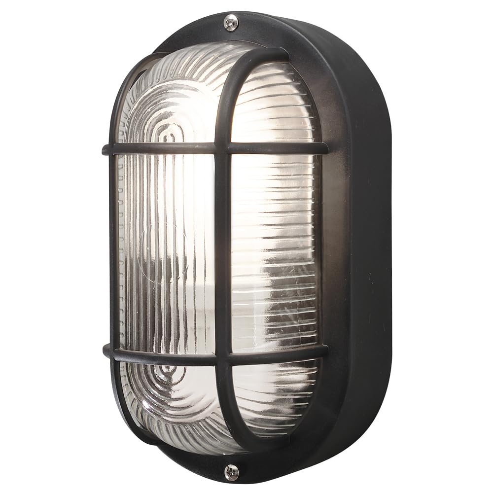 Konstsmide 7650-750 Elmas Bulk Head Outdoor Wall Light Mains Powered / W: 12cm D: 10.5cm H: 20cm / 1 x 40 W E27 Max Wall Lamp / Clear Ribbed Glass / Plastic / IP44 / Outside Light Black