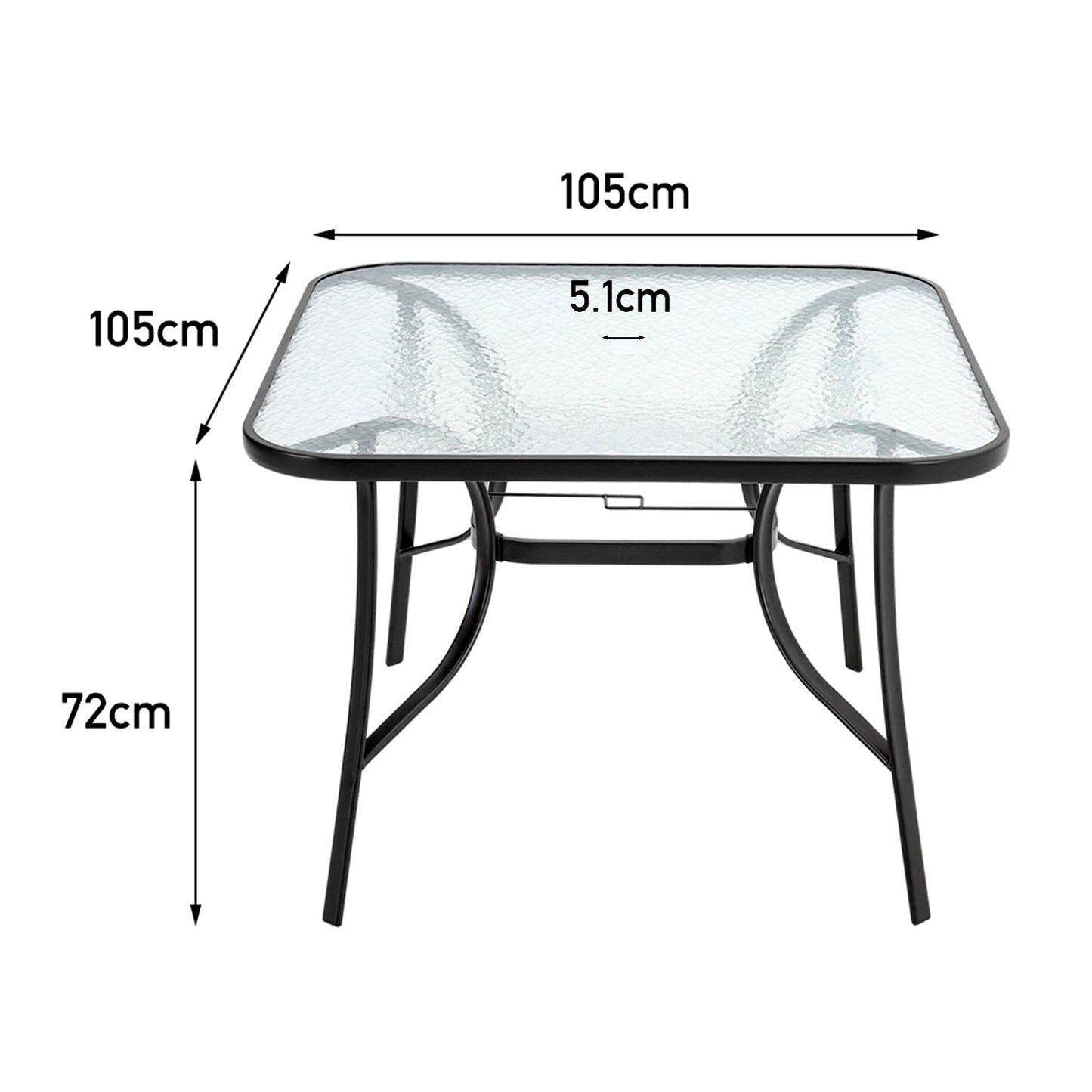 DKIEI 105cm Square Black Outdoor Table with Umbrella Hole, Modern Glass Top for Garden, Patio, Balcony, Backyard