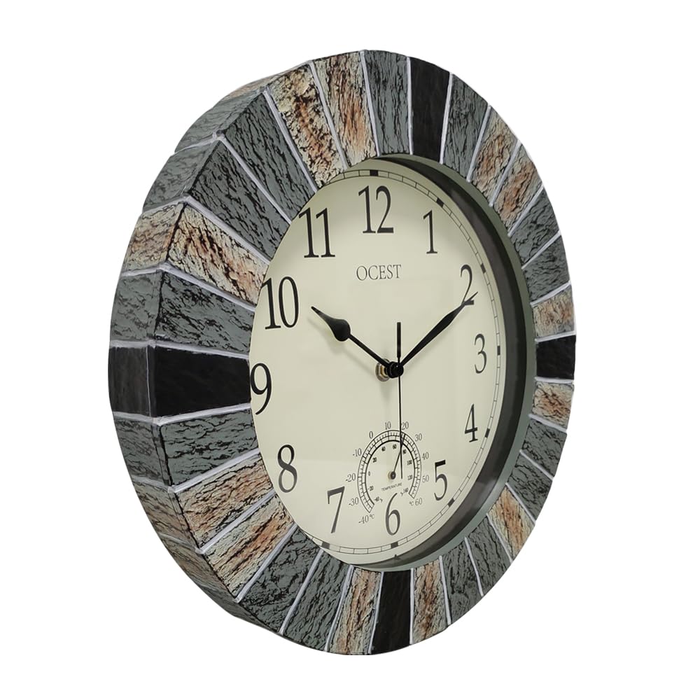 OCEST 13 Inch Garden Clocks Outdoor Waterproof, Large Retro Wall Clock with Thermometer Battery Operated Non Ticking Decorative for Patio Pool Kitchen