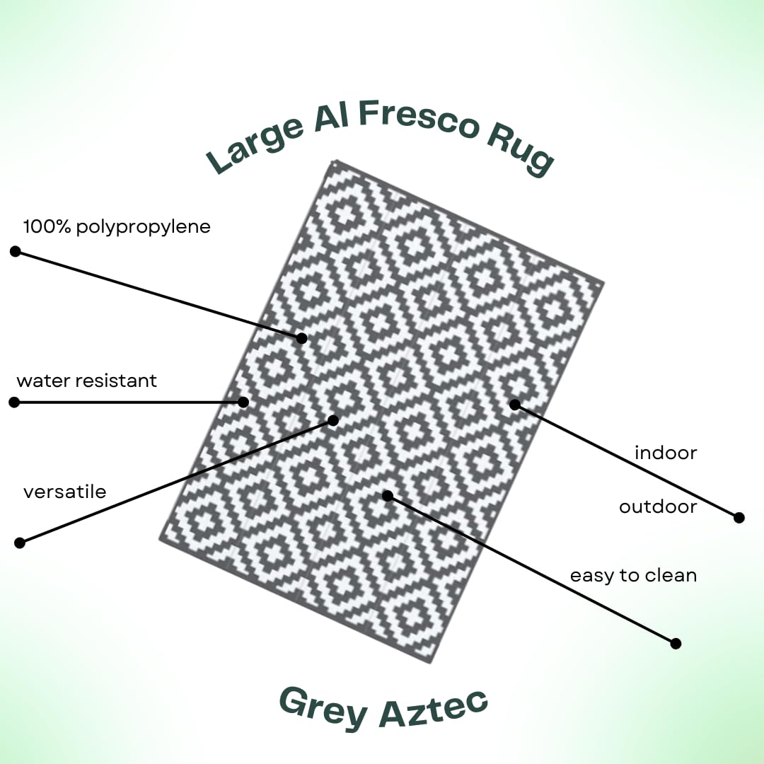 Marco Paul Large Outdoor Garden Rug Reversible Recycled Plastic Camping and Picnic Rugs, Patio, Decking Stain And Water Resistant Alfresco Grey Aztec Mat 150 x 210cm
