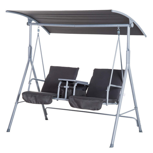 Outsunny 2 Seater Garden Swing Chair Patio Rocking Bench w/Tilting Canopy, Double Padded Seats, Storage Bag and Tray, Grey