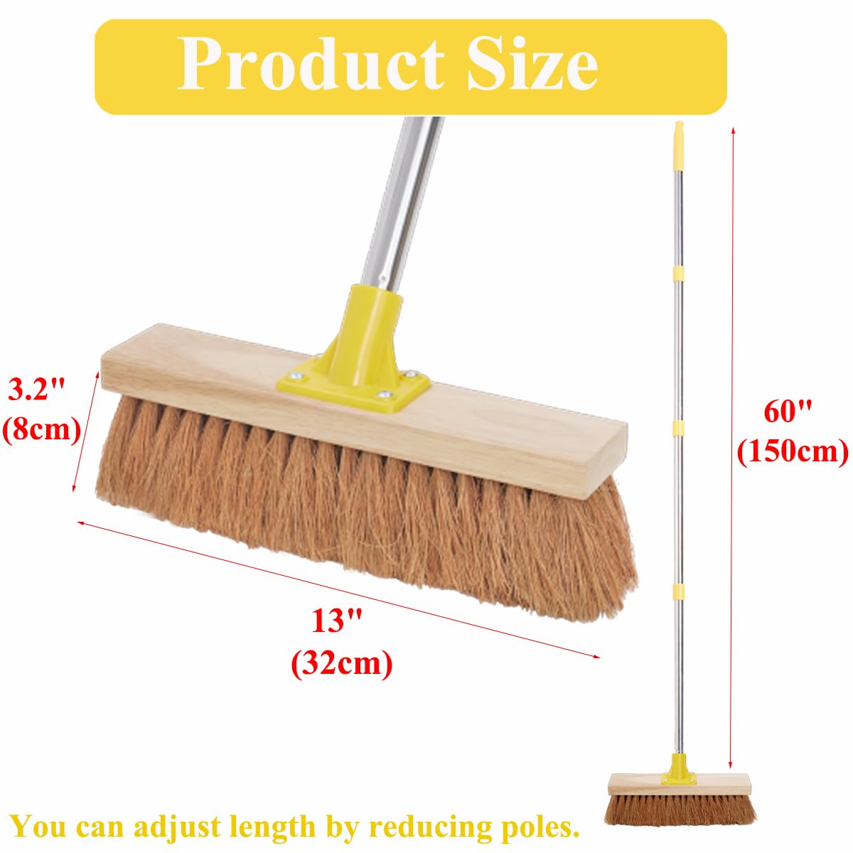 13" Soft Broom Indoor Coco Bristle Floor Sweeping Brush with 150cm Long Handle for Household Kitchen