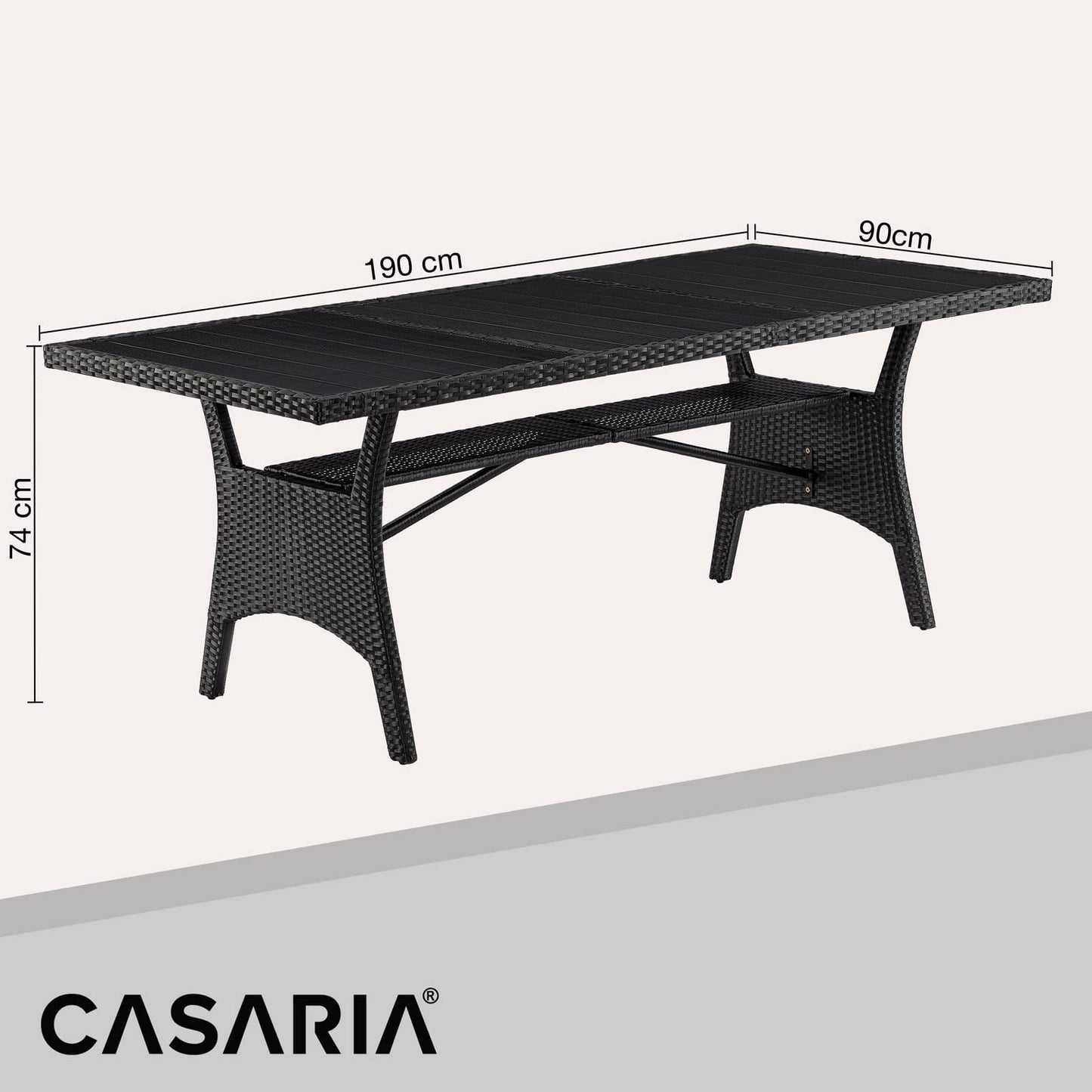 CASARIA® 8 Person XL Poly Rattan Garden Table with Shelf & WPC Top | 190 x 90 x 74cm | Weather Resistant | Outdoor Patio Dining Furniture | Lawn Patio Deck Balcony | Black