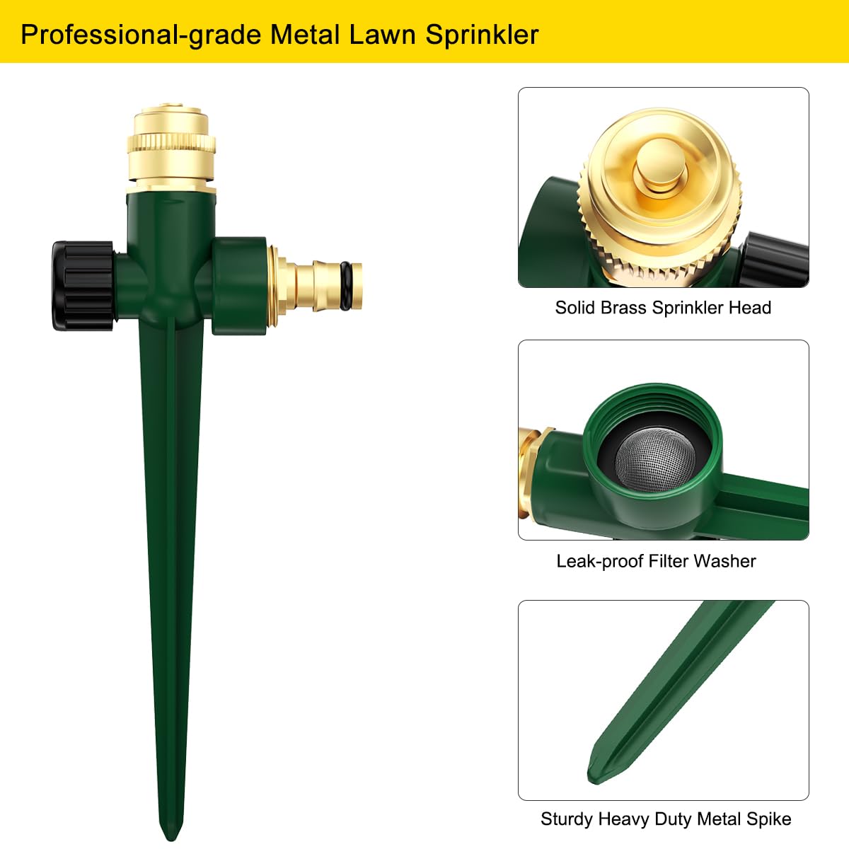 FANHAO 2 Pack Metal Lawn Sprinkler for Yard, Automatic Garden Water Sprinkler on Spike Base, Adjustable Brass Sprinkler Nozzle 360 Degree Large Area Coverage for Lawn Grass Patio Garden Irrigation…