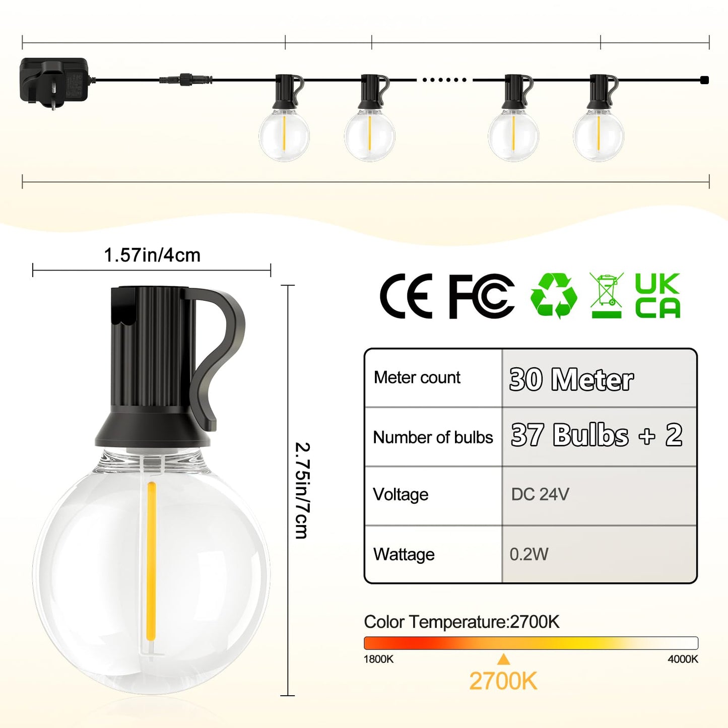 Garden-Outdoor-Lights-Mains-Powered-String-Festoon-Light LED 100ft 30M Outside Lighting Waterproof Bulb Patio Gazebo Party Pergola Wedding Backyard Porch Yard Terrace Electric Festival G40 Connectable