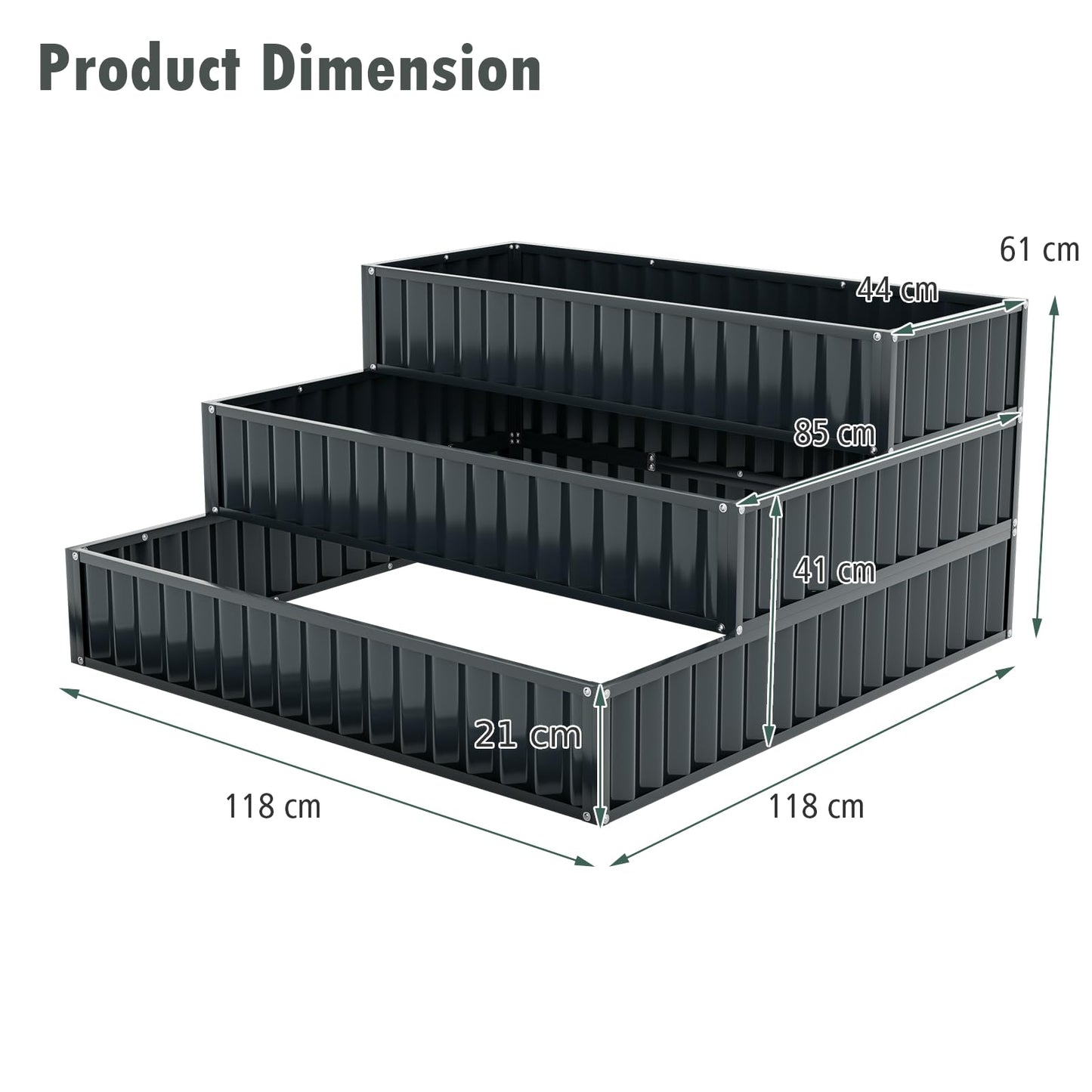 TANGZON 3-Tier Raised Garden Bed, Detachable Plant Flower Vegetable Herb Grow Box Containers without Bottom, Outdoor Elevated Planter Box Kit for Patio Lawn Greenhouse (Black, Metal, 118 x 118 x 61cm)
