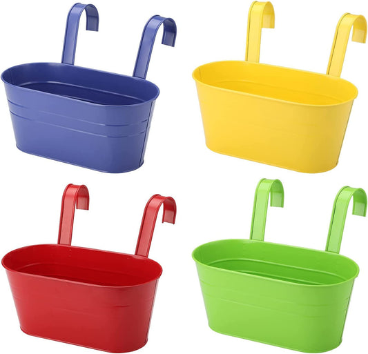KAHEIGN 4Pcs Metal Hanging Flower Pots, 27.5cm Large Plant Pots Hanging Flower Bucket with Detachable Hook for Balcony Fence Garden Home Decor (4 Colors)