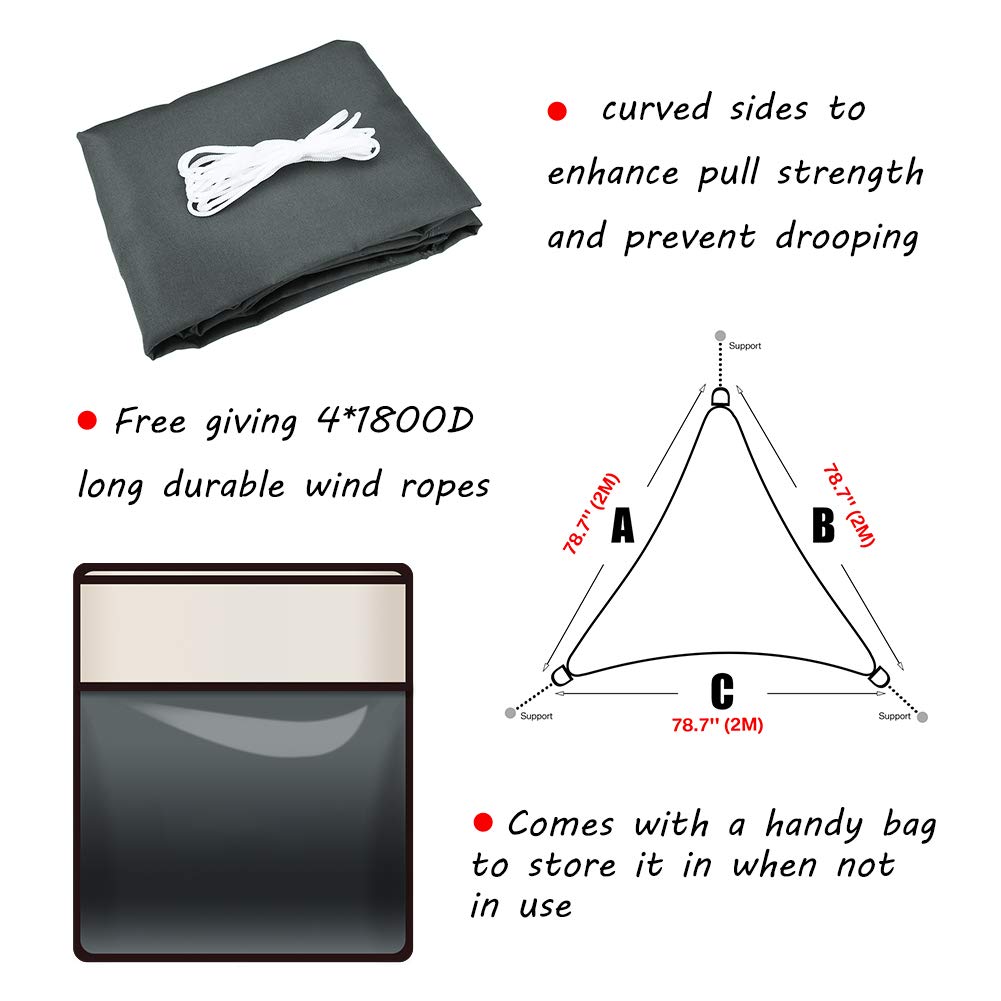 HEYOMART Sun Shade Sail Waterproof Outdoor Garden Patio Party Sunscreen Awning 2x2x2m Triangle Canopy 98% UV Block with Free Rope, Grey