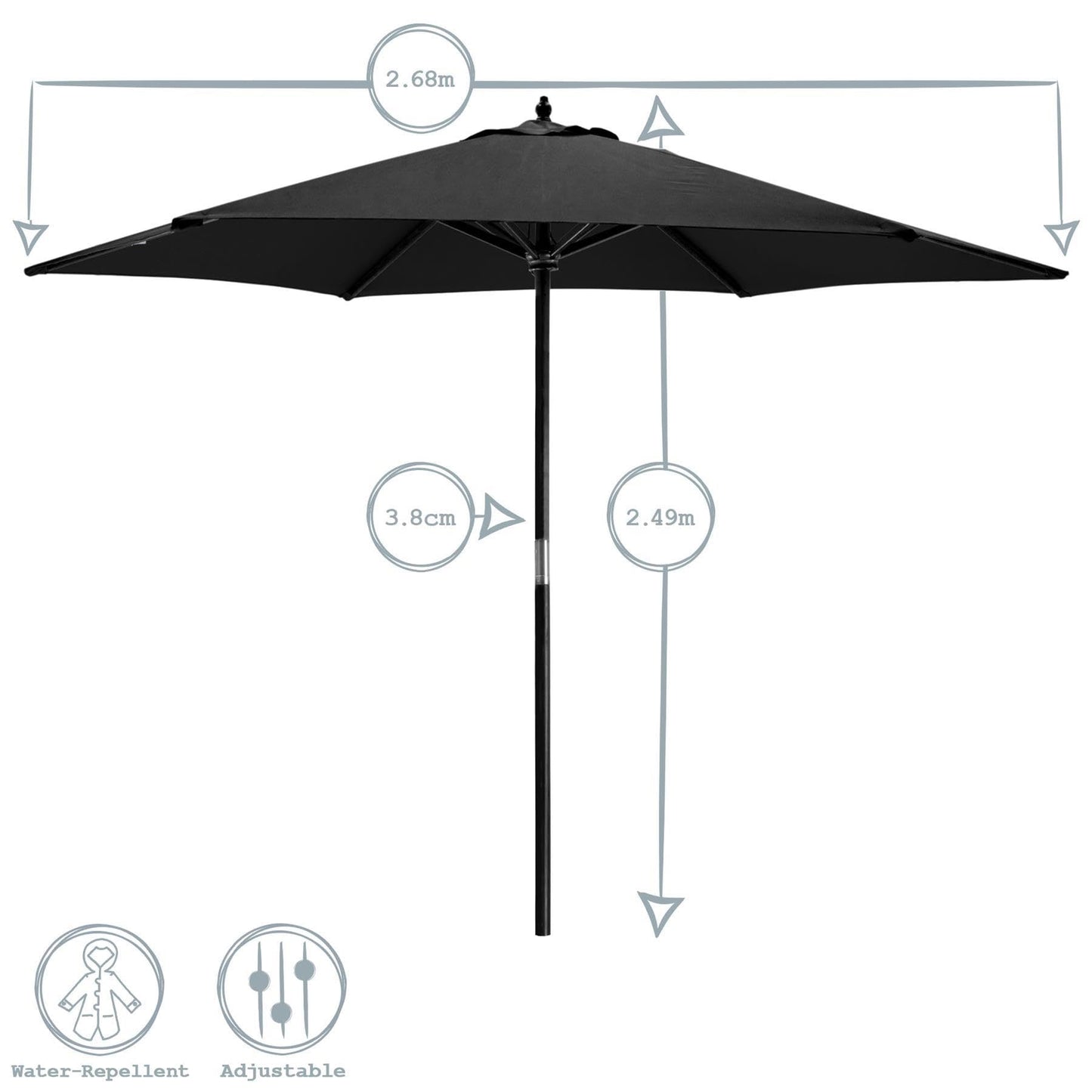 Harbour Housewares Green Garden Parasol - 2.7m - Pulley Operated Hardwood Pole Wooden Garden Umbrella with Green Base UV Sun Protection Umbrella for Picnics, Garden and Beach Days