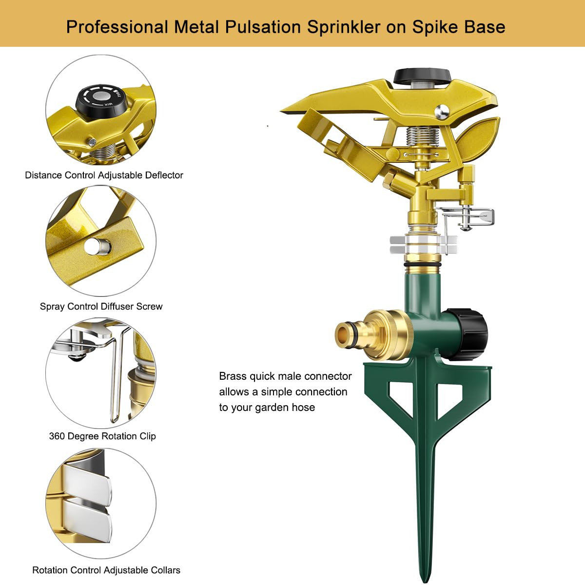 FANHAO Heavy Duty Pulsating Lawn Sprinkler on Spike Base, 100% Metal Impact Sprinkler with Adjustable Spray Pattern for Lawn Yard Irrigation, 360 Degree Large Area Coverage, Covers Up to 8500 sq. ft