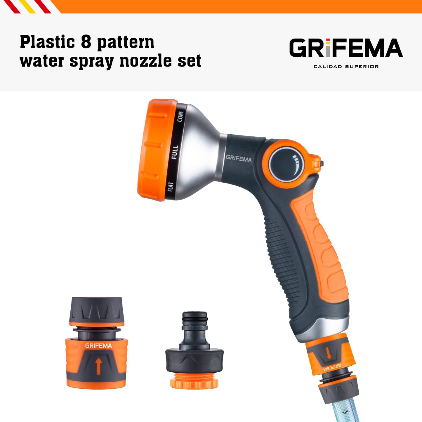 GRIFEMA GE1303-1 Hose Pipe Spray Gun Set, 8 Adjustable Patterns Nozzles, High Pressure Garden Sprayer For Lawn & Garden Watering Equipment Include Hose Connectors, Orange/Black