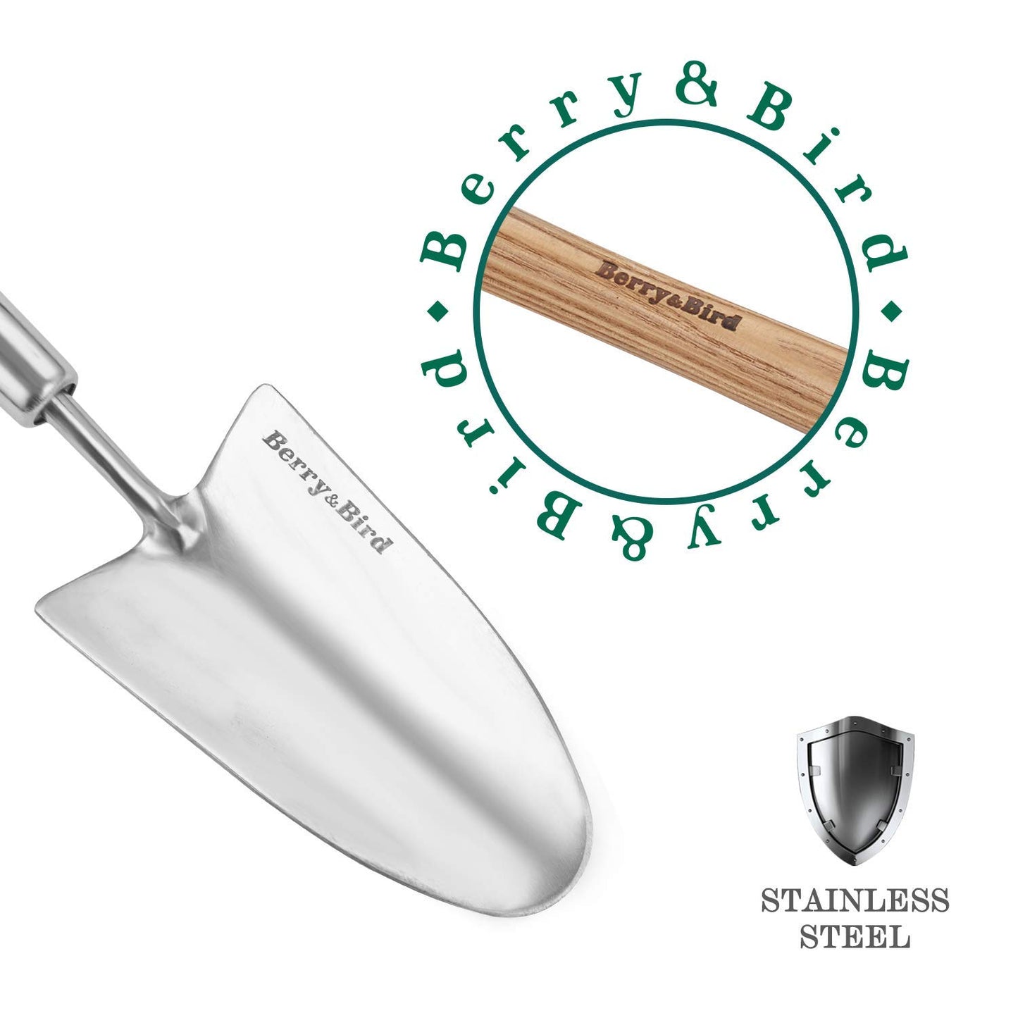 Berry&Bird Garden Trowel with Long Handle, 23.43in Stainless Steel Short Shovel with Wood Handled for Digging, Gardening, Transplanting, Planting and Weeding