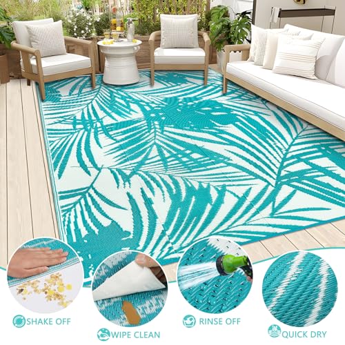 Famiaby Outdoor Rugs Waterproof Large Patio Garden Rugs Portable Camping Mat Lightweight Picnic Blanket Floor Mat for Balcony Deck Backyard Porch Beach BBQ (Teal, 180 x 270 cm)