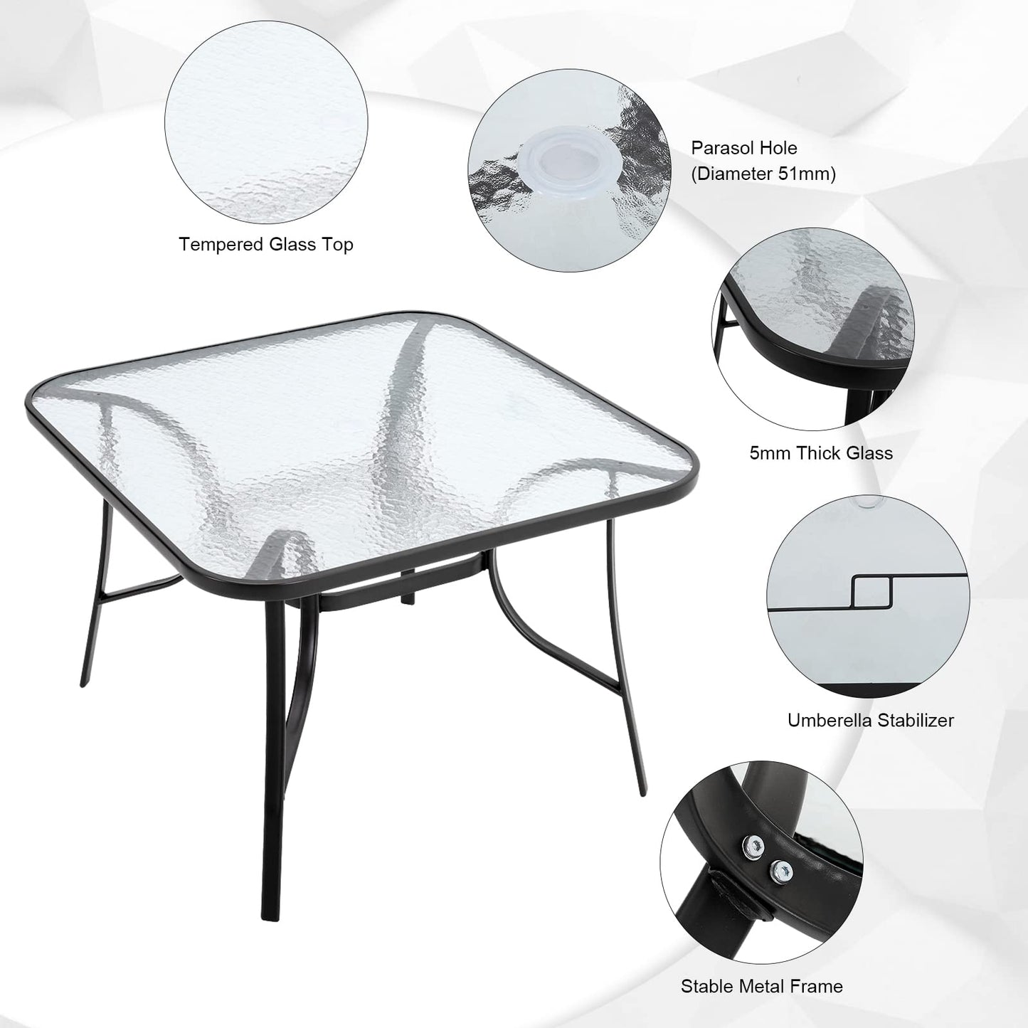 DKIEI 105cm Square Black Outdoor Table with Umbrella Hole, Modern Glass Top for Garden, Patio, Balcony, Backyard