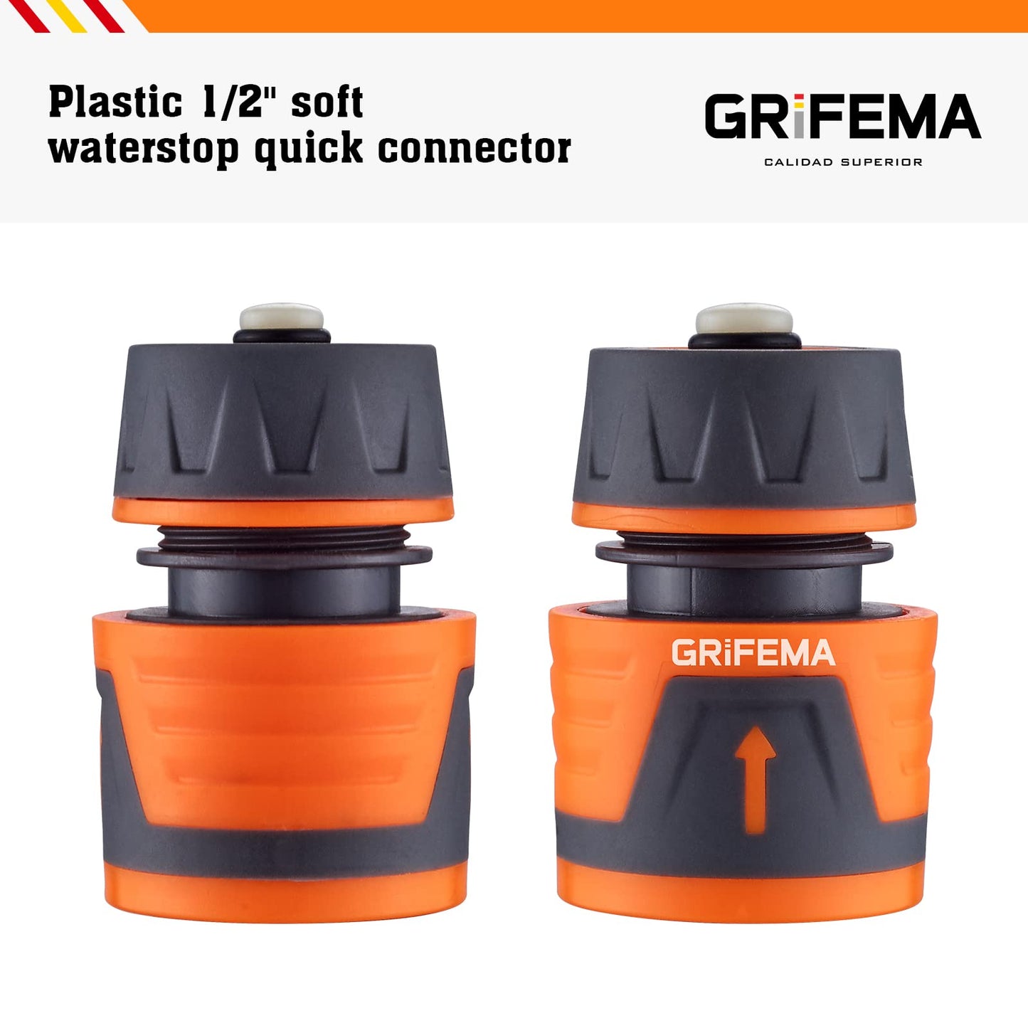 GRIFEMA GE1202 Quick Coupling Hose for 1/2" 12.5 mm - 5/8" 15 mm, Hose Stop Connector, Easy Installation, Sun Protection, Grey - Orange [Amazon Exclusive]
