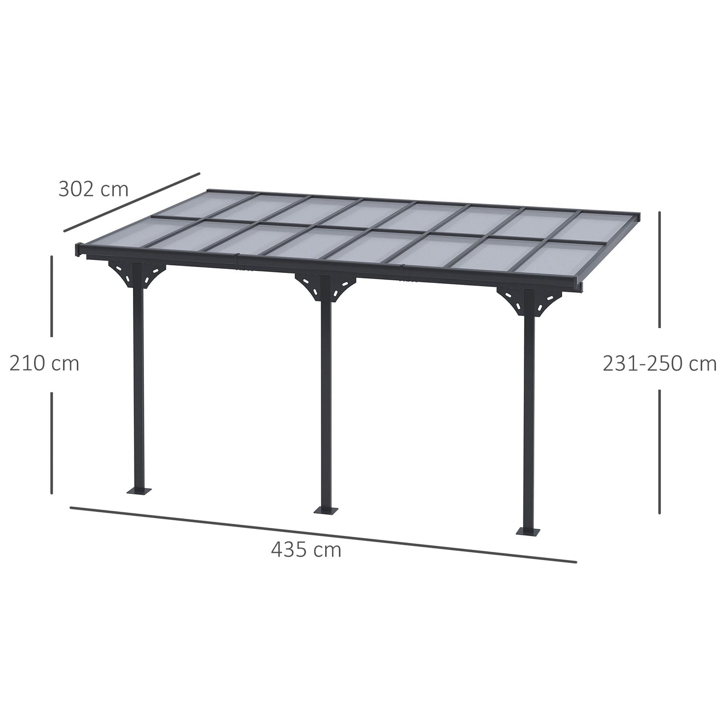 Outsunny 4.4 x 3(m) Wall Mounted Pergola Gazebo with Aluminium Frame and Polycarbonate Roof, Lean to Pergola, Outdoor Sun Shade Shelter for Garden Patio Balcony, Grey