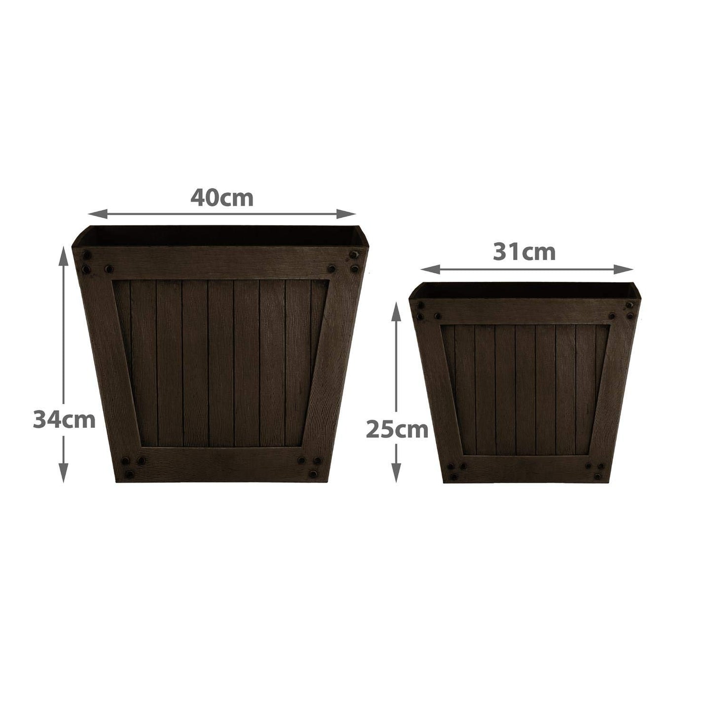 Slatted Wood Style Plastic Planter - Dark Brown, Set of 2 - Suitable for Indoor or Outdoor Use - 34cm (H) x 40cm (Dia)