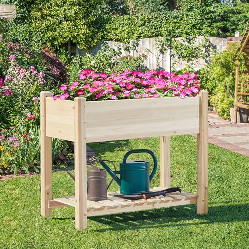 Yaheetech Raised Garden Bed 2 Tiers Wooden Plant Raised Bed Garden Elevated Planter Box with Storage Shelf for Vegetables/Flowers/Herbs/Fruits,86 x 46 x 76cm