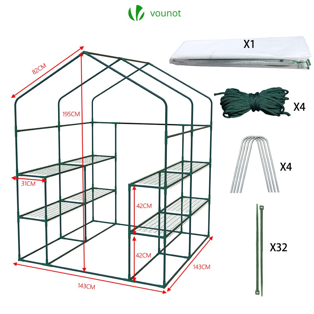 VOUNOT® Walk In Greenhouse with Shelves, Roll up Zip Panel Door Garden Plastic Polytunnels Grow House for Outdoor Use, White 143x143x195cm