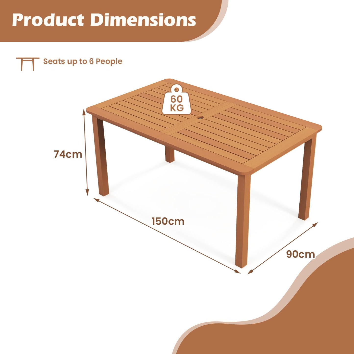 TANGZON Large Garden Table for 6, 150 x 90cm Rectangular Outdoor Dining Table with 5cm Parasol Hole & Slatted Top, Hardwood Patio Bistro Tables Furniture for Balcony Backyard Lawn