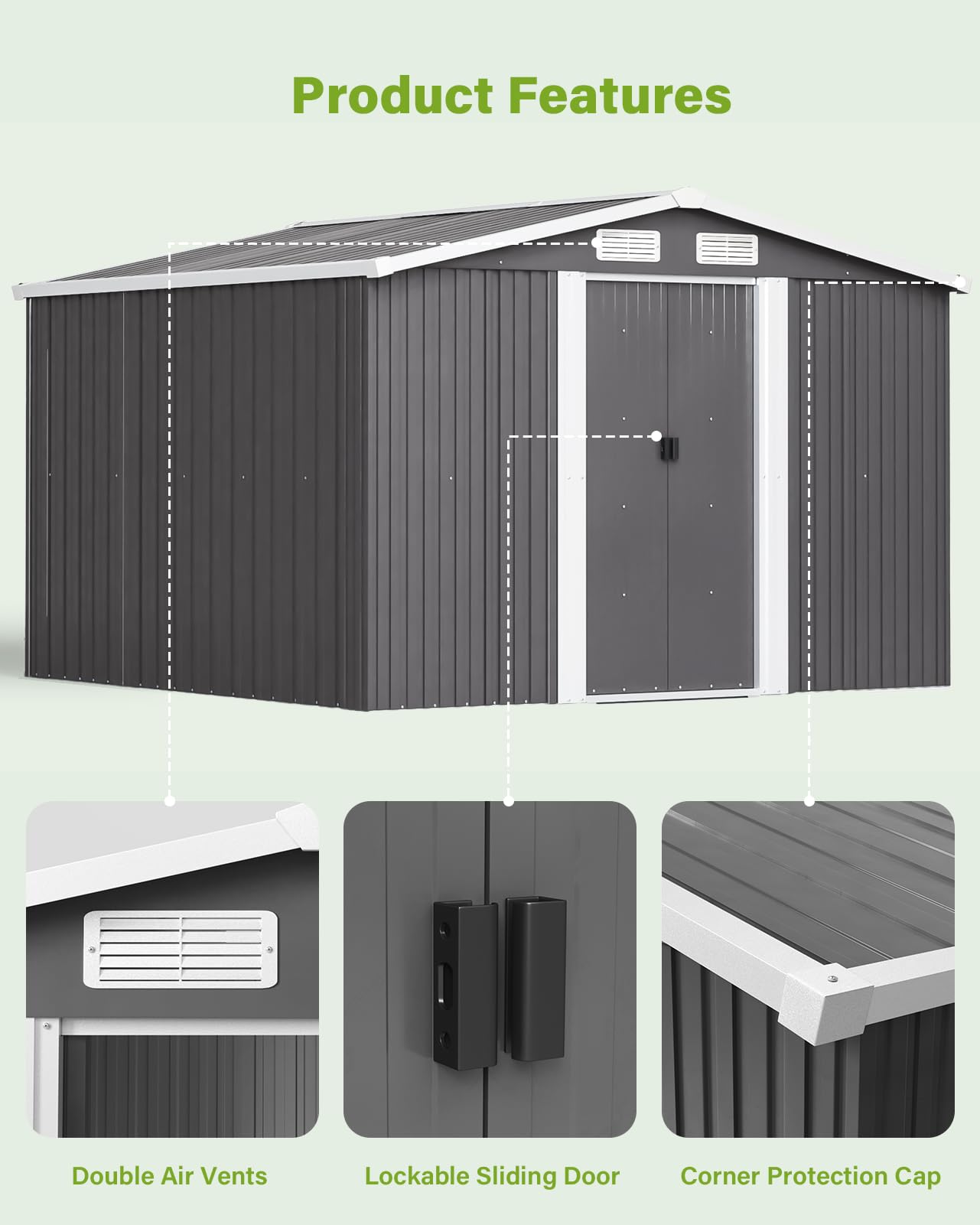 XEMQENER Large Garden Storage Shed with Base, 10x8 FT Metal Garden Shed with Door and Roof, Lockable Outdoor Storage House for Gardening Tools, Gardening Equipment, Bike, 257x312x178cm, Black