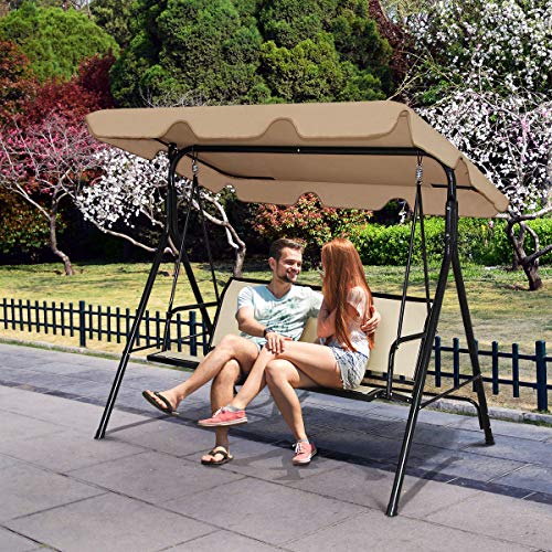 COSTWAY 3 Seater Garden Swing Chair, Outdoor Indoor Canopy Powder Coated Steel Cushioned Seaters, Patio Metal Hammock Swinging Bench Lounger Seat, 240KG (Brown)