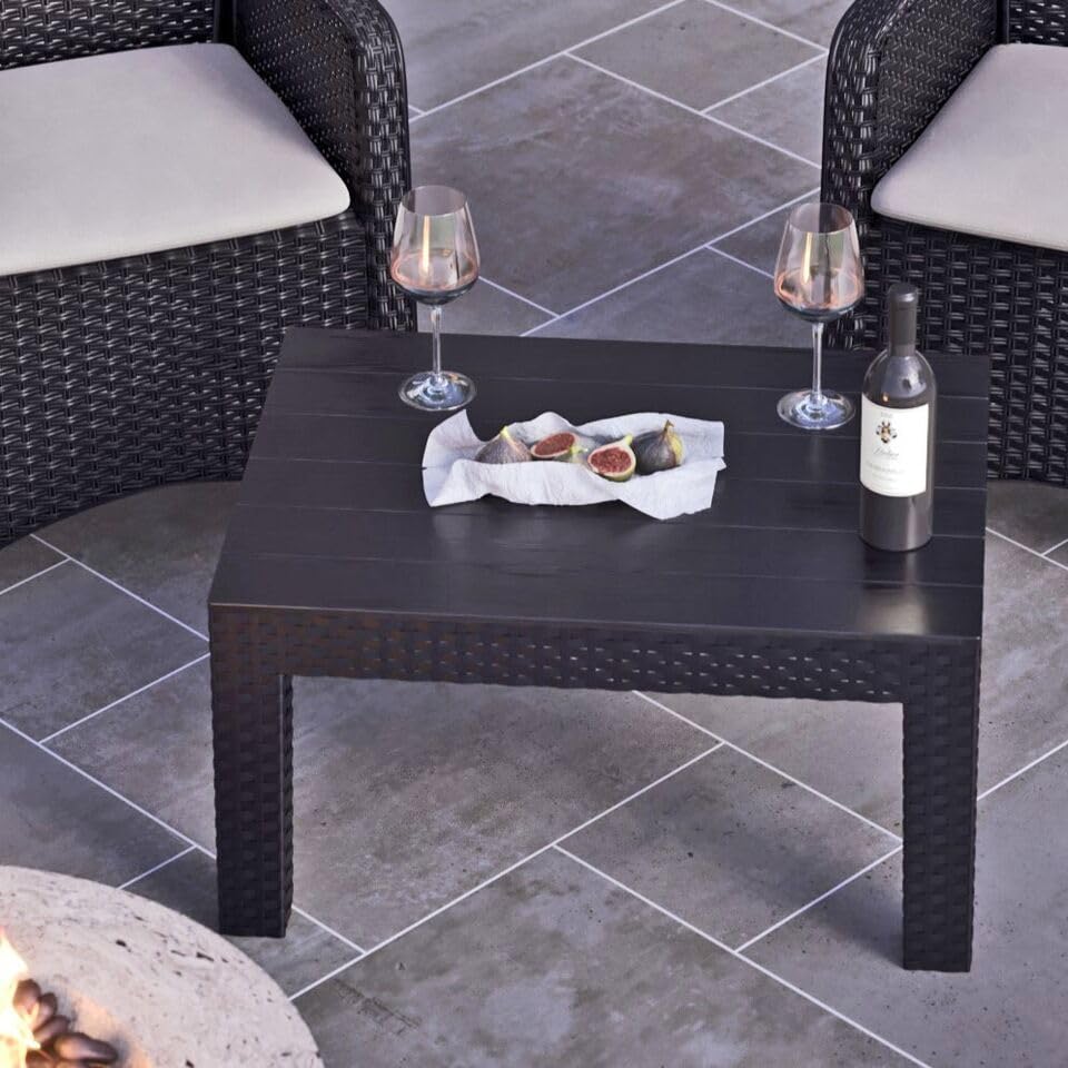 URBN GARDEN Black Rattan Coffee Table Stylish Outdoor Bistro Patio Furniture with Wood-Look Top, Perfect for Garden, Balcony, or End Patio Setting