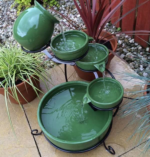 Primrose 55cm Green Solar Powered Ceramic Jug & Bowl Outdoor Water Feature with Battery Backup and LED Lights