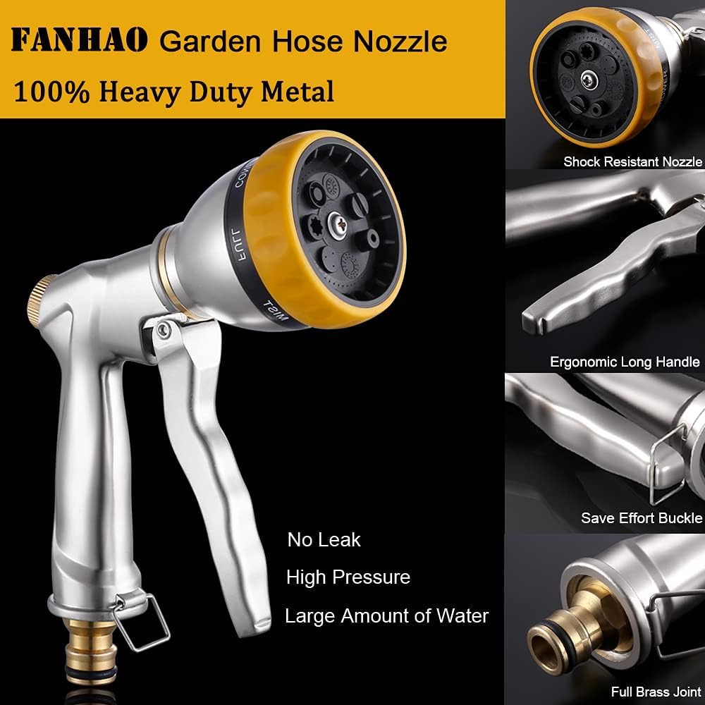 FANHAO Garden Hose Spray Gun, 100% Heavy Duty Metal Hose Pipe with 7 Patterns High Pressure Water Gun for Plant Watering, Car and Pet Washing, Sidewalk Cleaning