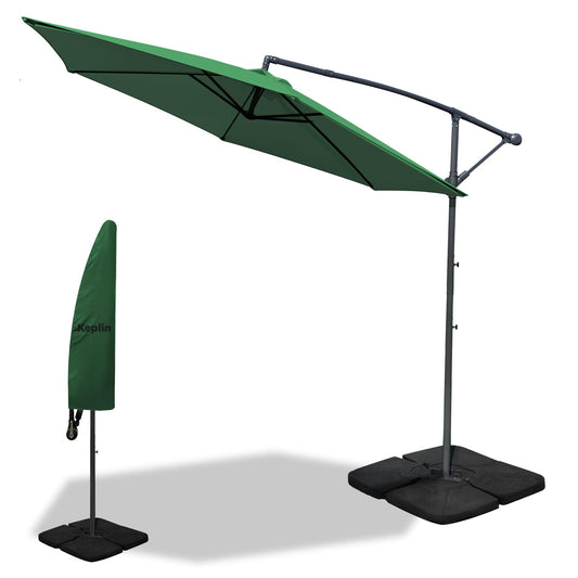 KEPLIN 3M Cantilever Garden Parasol, Garden Umbrella with Crank Handle & Cover, UV Protection, Water-Repellent Polyester, Powder-Coated Pole, 6 Ribs Garden Parasol and Base, Sturdy Cross Base, Green