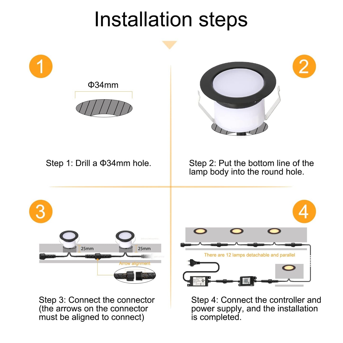 GEYUEYA Home LED Decking Lights RGBW, Ø45MM 12V Deck Light (RGB-Warm White) Led Plinth Light Kits for Terrace/Patio/Garden/Decoration-6 Packs